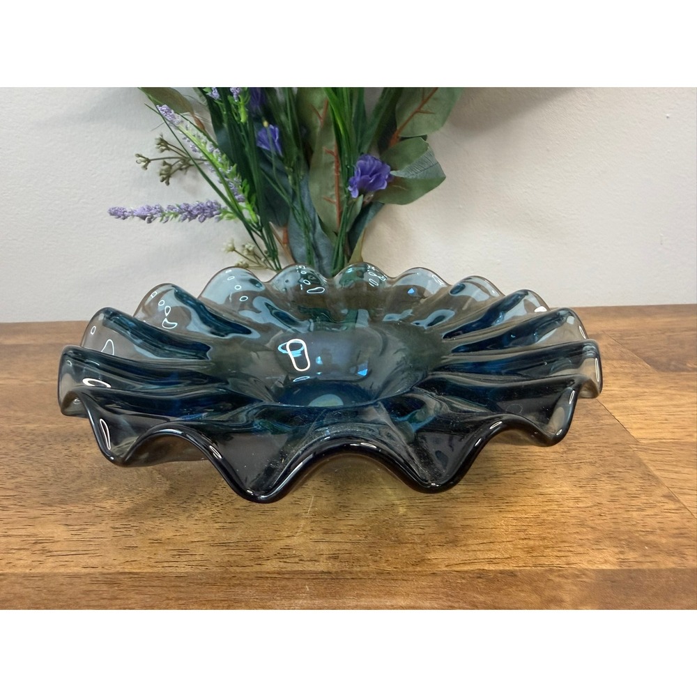 Vintage Romanian Art‎ Glass Ruffled Bowl Smoky Teal Blue Hand Blown Centrepiece